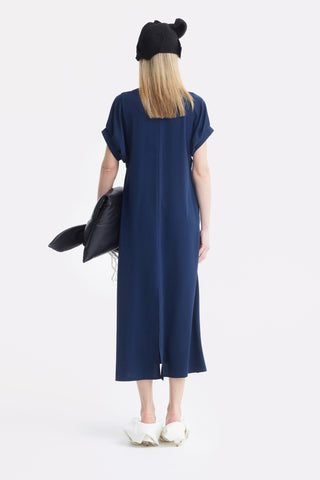 Silky Touch Midi Dark Blue Dress With Handmade Floral Appliqué - Julia Allert
