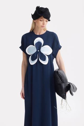 Silky Touch Midi Dark Blue Dress With Handmade Floral Appliqué - Julia Allert