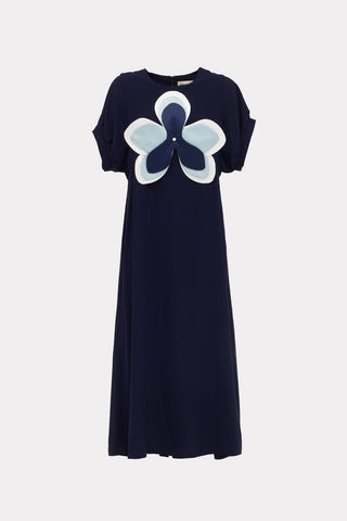 Silky Touch Midi Dark Blue Dress With Handmade Floral Appliqué - Julia Allert