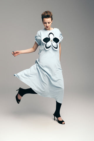 Silky Touch Midi Light Blue Dress With Handmade Floral Appliqué - Julia Allert