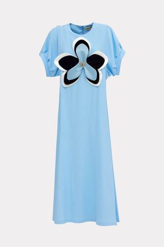 Silky Touch Midi Light Blue Dress With Handmade Floral Appliqué - Julia Allert