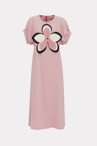 Silky Touch Midi Pale Pink Dress With Handmade Floral Appliqué - Julia Allert