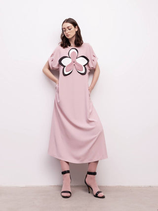 Silky Touch Midi Pale Pink Dress With Handmade Floral Appliqué - Julia Allert
