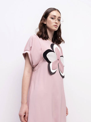 Silky Touch Midi Pale Pink Dress With Handmade Floral Appliqué - Julia Allert