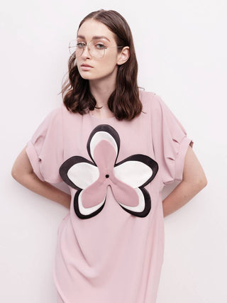 Silky Touch Midi Pale Pink Dress With Handmade Floral Appliqué - Julia Allert