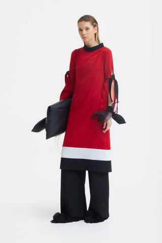 Designer Straight Slit-Sleeve Midi Dress – Red Black