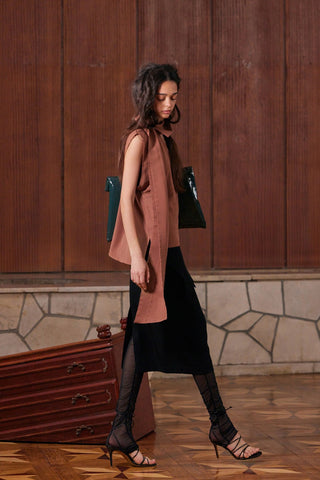 Sleeveless Fringed Stripe Blouse With Scarf Terracotta - Julia Allert