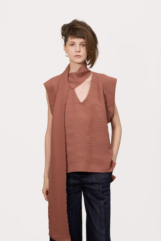 Sleeveless Fringed Stripe Blouse With Scarf Terracotta - Julia Allert