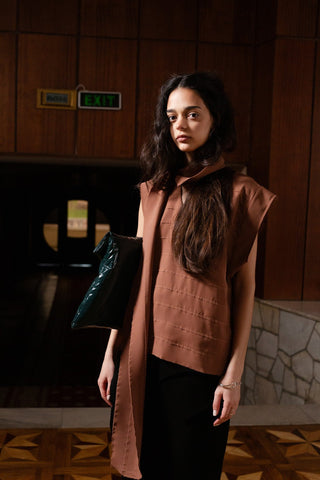 Sleeveless Fringed Stripe Blouse With Scarf Terracotta - Julia Allert