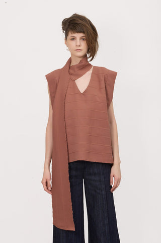 Sleeveless Fringed Stripe Blouse With Scarf Terracotta - Julia Allert