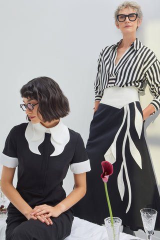 Smart-Casual Flared Midi Skirt, Floral Detail — Black-White