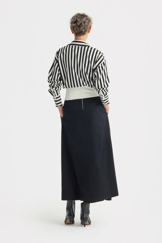 Smart-Casual Flared Midi Skirt, Floral Detail — Black-White