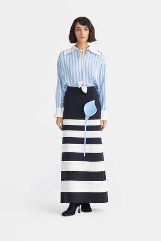 Contemporary Striped A-Line Skirt, Floral Detail– Black-White