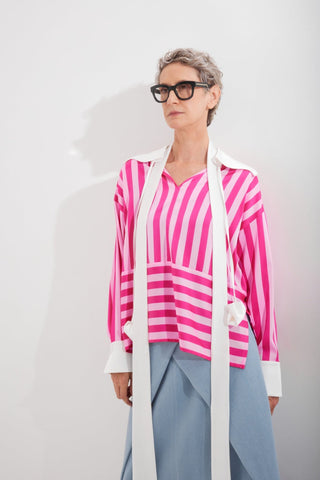 Smart Elegance – Silk-Touch Striped Long-Sleeve Blouse Pink - Julia Allert