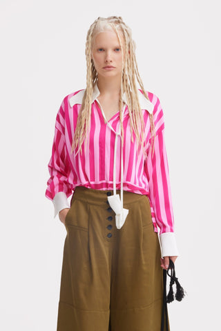 Smart Elegance – Silk-Touch Striped Long-Sleeve Blouse Pink - Julia Allert
