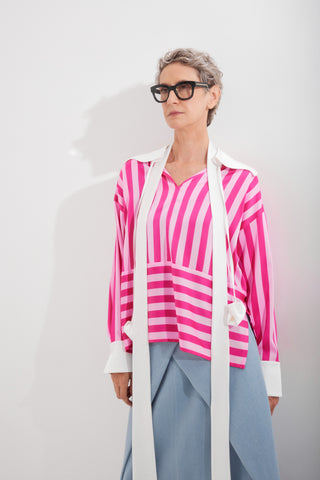 Smart Elegance – Silk-Touch Striped Long-Sleeve Blouse Pink