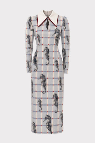 Solid Formal Midi Dress Pale Blue Seahorse Grid Print - Capsule Edition - Julia Allert