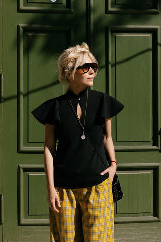 Stand Collar Ruffle Sleeve Blouse – Black - Julia Allert