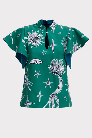 Stand Collar Ruffle Sleeve Blouse – Celestial Print - Julia Allert