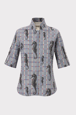 Stand Collar Short Sleeve Blouse – Pale Blue Seahorse Check Print – Capsule Edition - Julia Allert