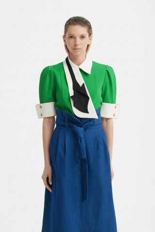 Statement Blouse With White Collar And Cuffs – Green - Julia Allert