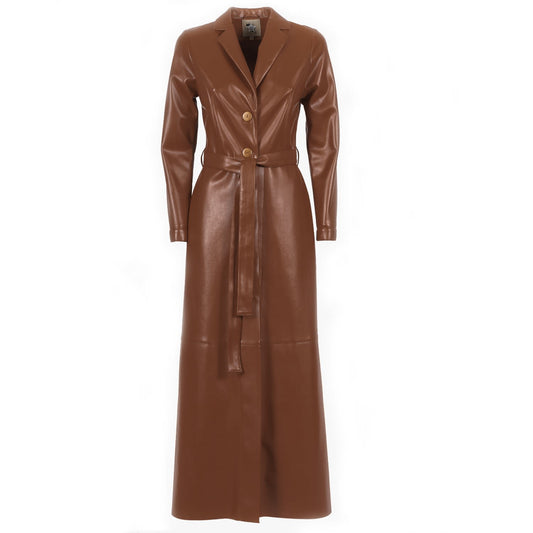 Long Button-Up Eco-Leather Trench - Brown