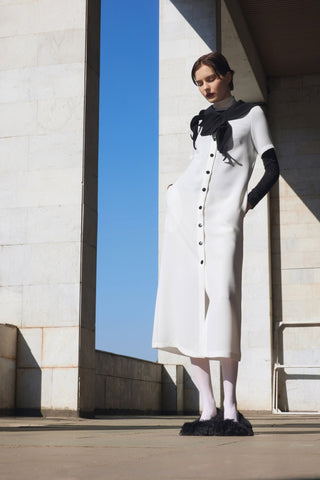 Straight Midi Shirt Dress With Adjustable Collar – White - Julia Allert