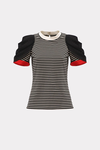 Striped Knit Blouse With Mesh Puff Sleeves - Julia Allert