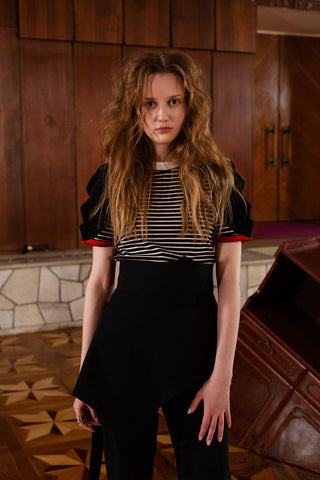Striped Knit Blouse With Mesh Puff Sleeves - Julia Allert