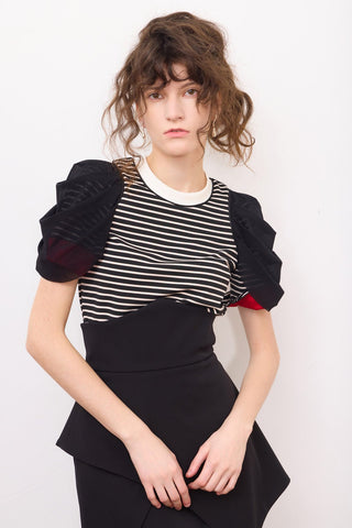 Striped Knit Blouse With Mesh Puff Sleeves - Julia Allert