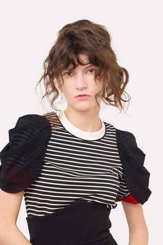 Striped Knit Blouse With Mesh Puff Sleeves - Julia Allert