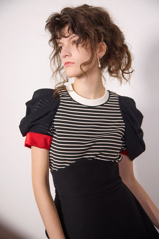 Striped Knit Blouse With Mesh Puff Sleeves - Julia Allert