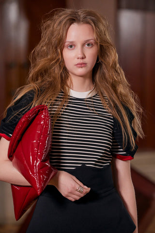 Striped Knit Blouse With Mesh Puff Sleeves - Julia Allert