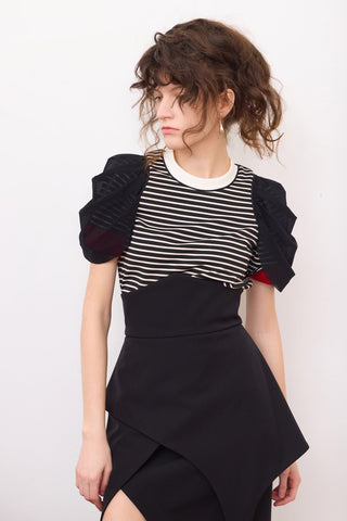 Striped Knit Blouse With Mesh Puff Sleeves - Julia Allert