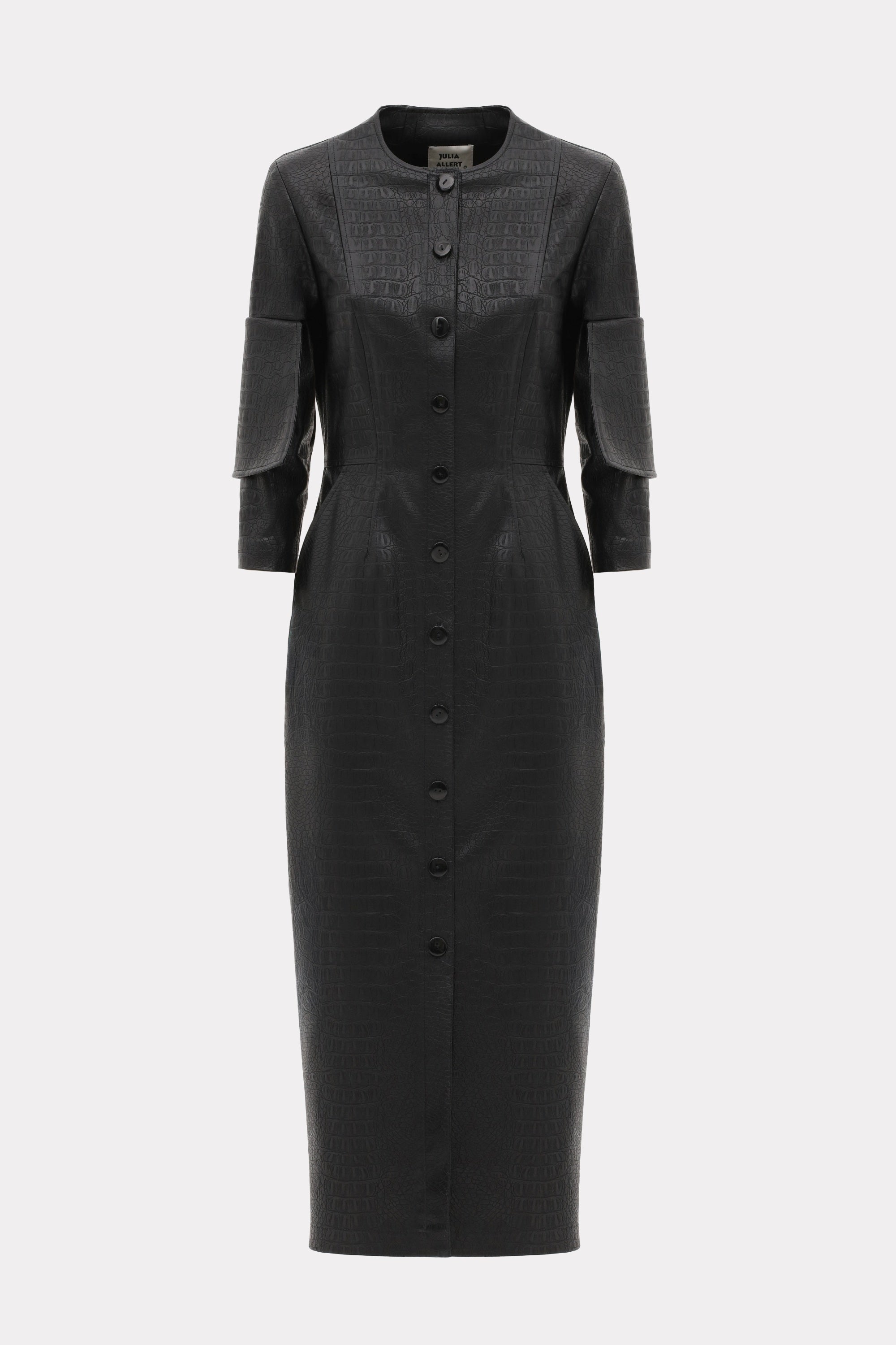 Croc-Effect Faux Leather Button Down Dress Black L Croc-Effect Faux Leather Button Down Dress Black L