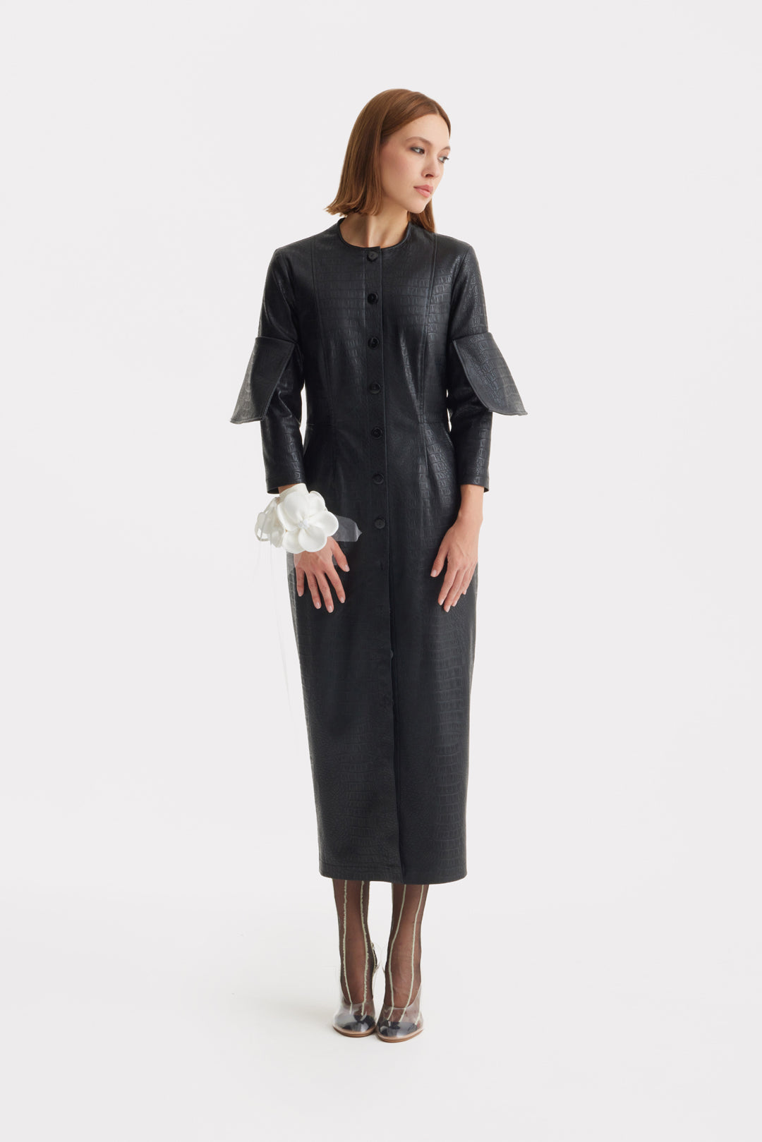 Croc-Effect Faux Leather Button Down Dress Black L Croc-Effect Faux Leather Button Down Dress Black L
