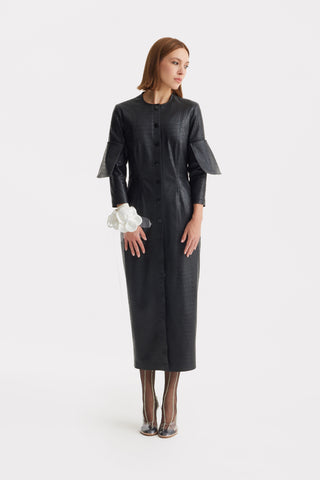 Structured Faux Leather Croc Dress – Black