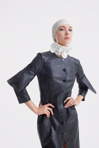 Structured Faux Leather Croc Dress – Black