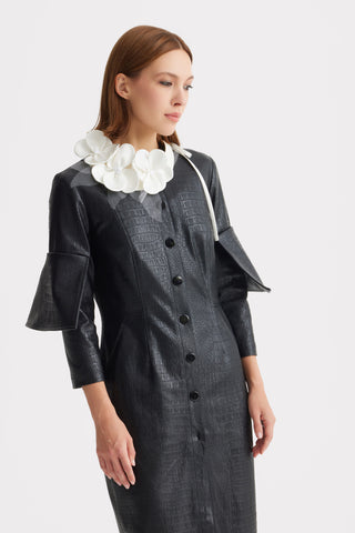 Structured Faux Leather Croc Dress – Black