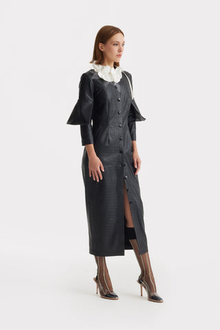 Structured Faux Leather Croc Dress – Black