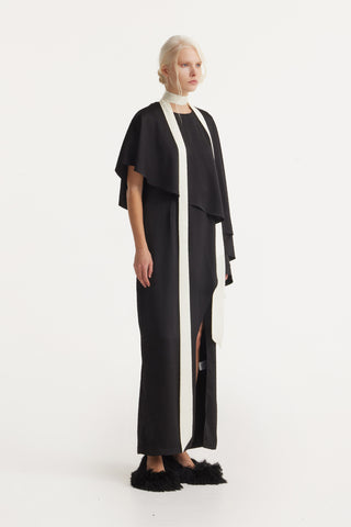 Structured Satin Cape Dress With Contrast Scarf Black