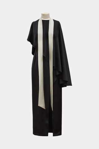 Structured Satin Cape Dress With Contrast Scarf Black