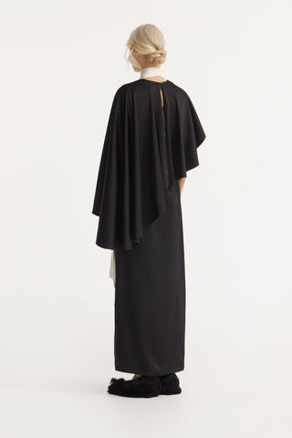 Structured Satin Cape Dress With Contrast Scarf Black