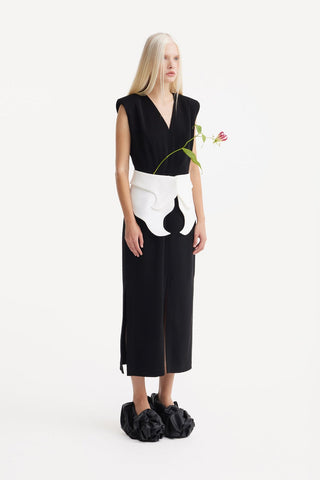 Structured Sleeveless V-Neck Dress With Waist Belt – Black , White - Julia Allert