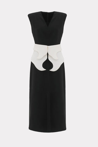 Structured Sleeveless V-Neck Dress With Waist Belt – Black , White - Julia Allert