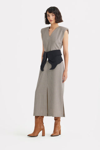 Structured Sleeveless V-Neck Dress with Waist Belt - Grey-Brown, Black - Julia Allert