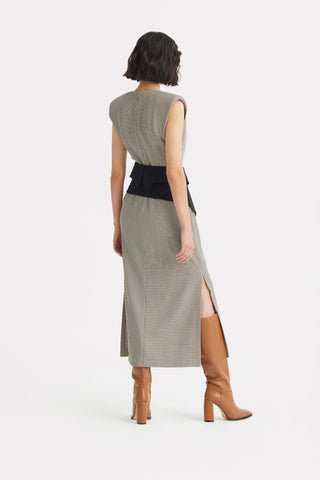 Structured Sleeveless V-Neck Dress with Waist Belt - Grey-Brown, Black