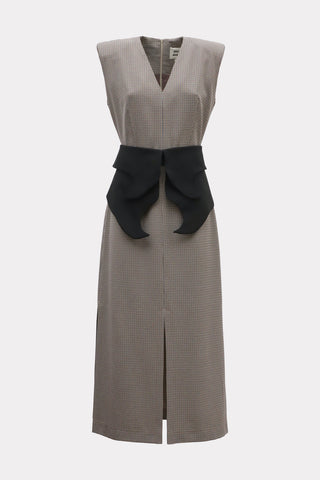 Structured Sleeveless V-Neck Dress with Waist Belt - Grey-Brown, Black