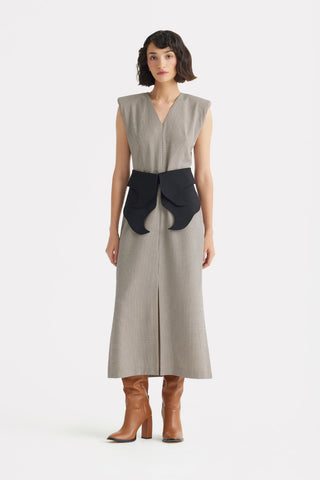Structured Sleeveless V-Neck Dress with Waist Belt - Grey-Brown, Black