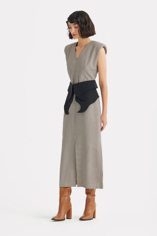 Structured Sleeveless V-Neck Dress with Waist Belt - Grey-Brown, Black